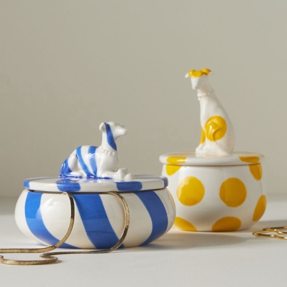 Anthropologie Francie Dog Trinket Dish White w/Blue Stripes NWT - Picture 2 of 12